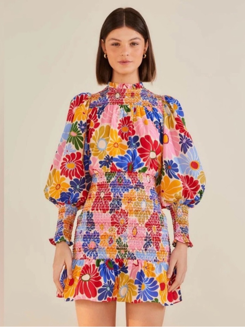NWT Farm Rio Sunny Daisies Smocked Ruffle-Trim Mini Dress